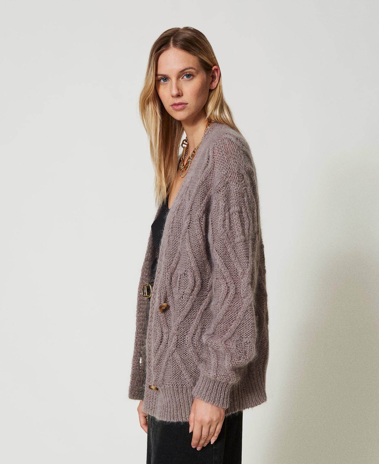 Mohair blend double-breasted cardigan Dark Taupe Woman 242TT3312_12003_03