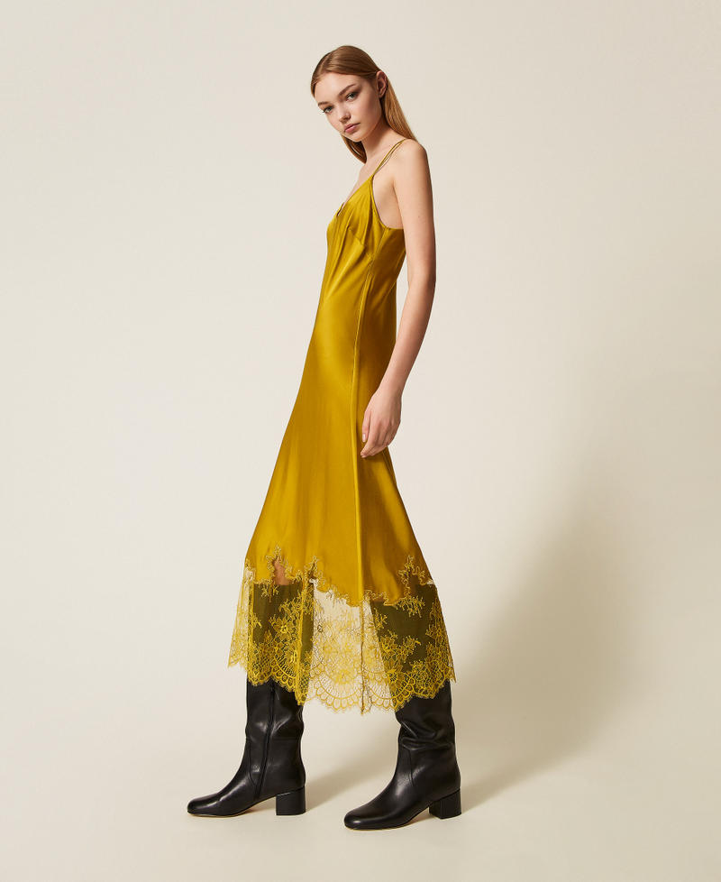 Midi satin and lace dress Mustard Yellow Woman 252TP2390_12607_02