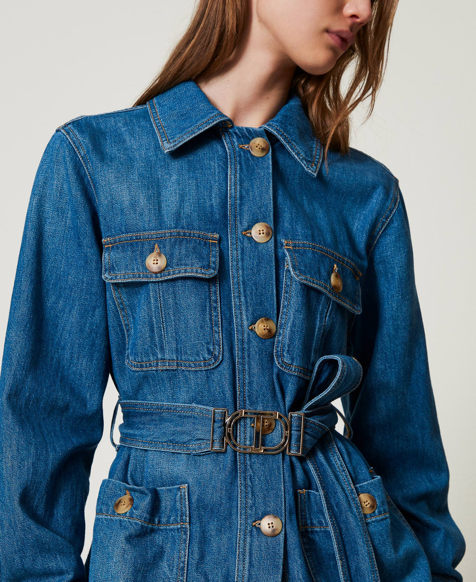Safari-style denim jacket with belt Woman, Blue | TWINSET Milano