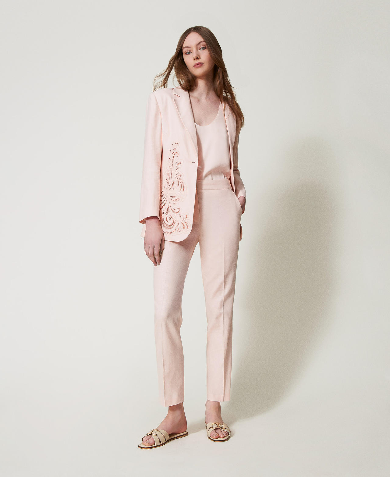 Low waist linen blend trousers Cupcake Pink Woman 251TP2168_00178_01