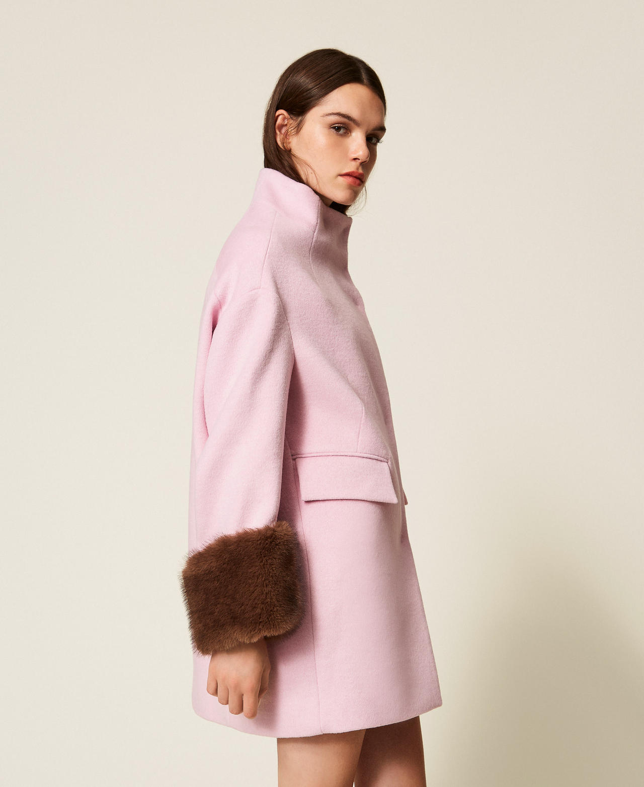 Velour wool cloth coat with faux fur Fairy Tales Pink Woman 252AT2241_12828_02