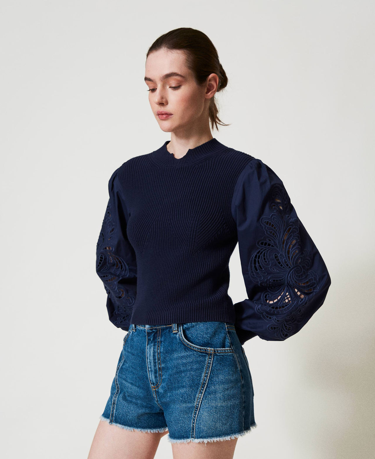 Turtleneck jumper with embroidered sleeves Blue Night Woman 251TP3180_00238_02