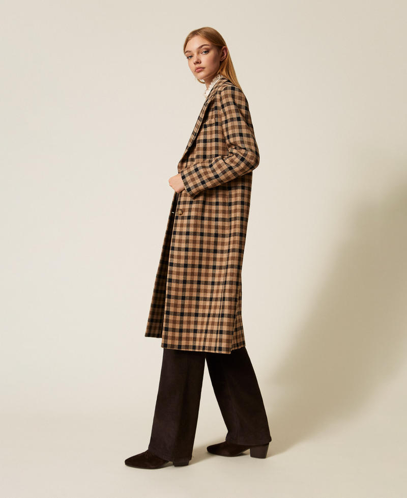 Karierter Mantel aus Wollmischung Check Kamelbraun / Schwarz Frau 252TT2430_12885_02