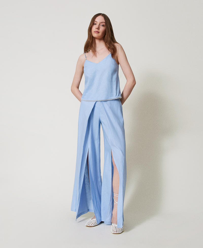 Top in misto lino con perle Azzurro "Blue Topaz" Donna 251LM2QDD_12106_T0