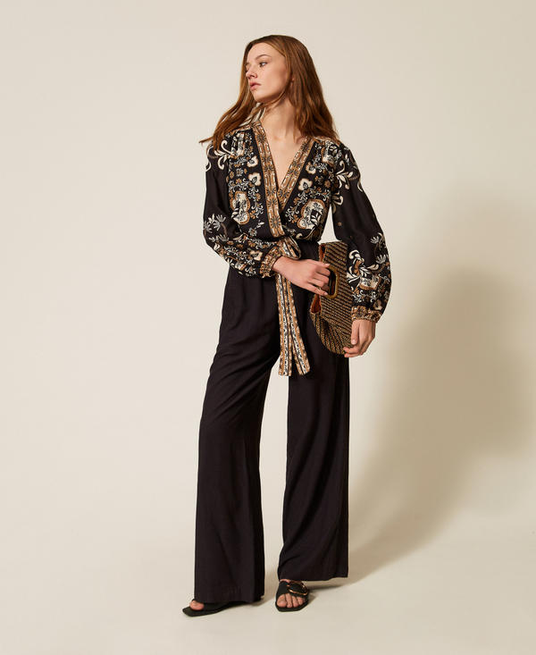 Linen blend printed jumpsuit