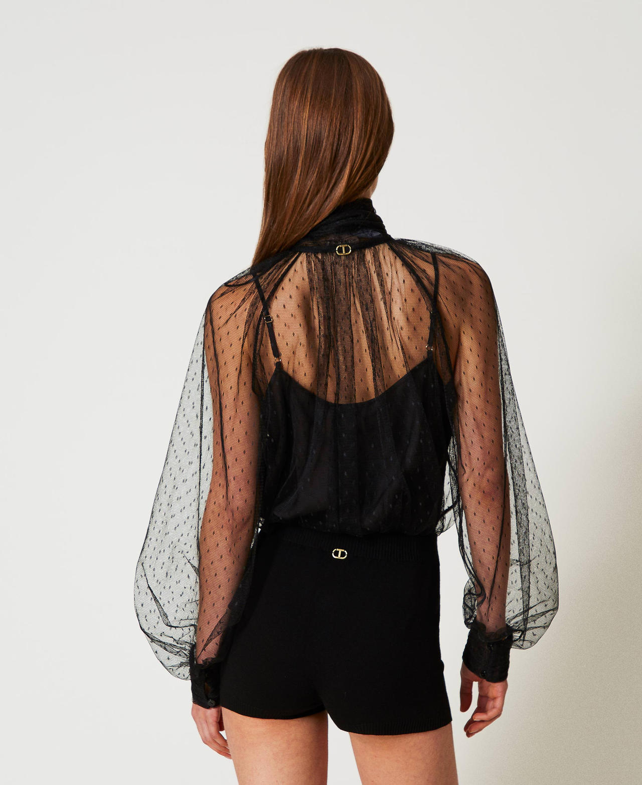 Blusa in tulle con collo a fusciacca Nero Donna 251TP2514_00006_03