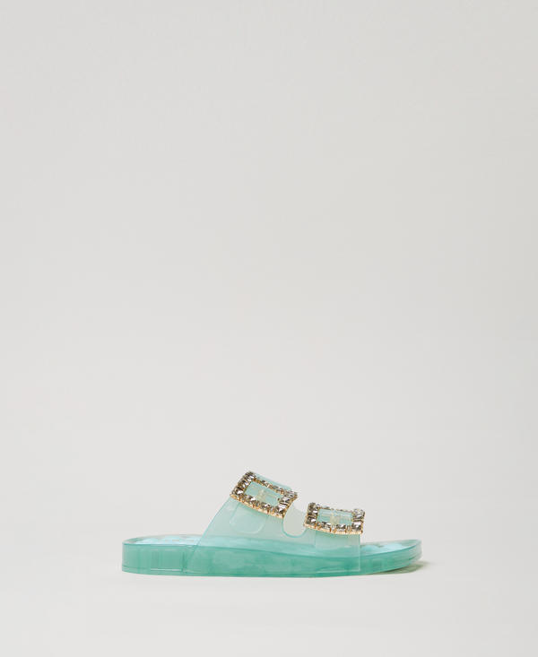 Slider sandals with jewel buckles