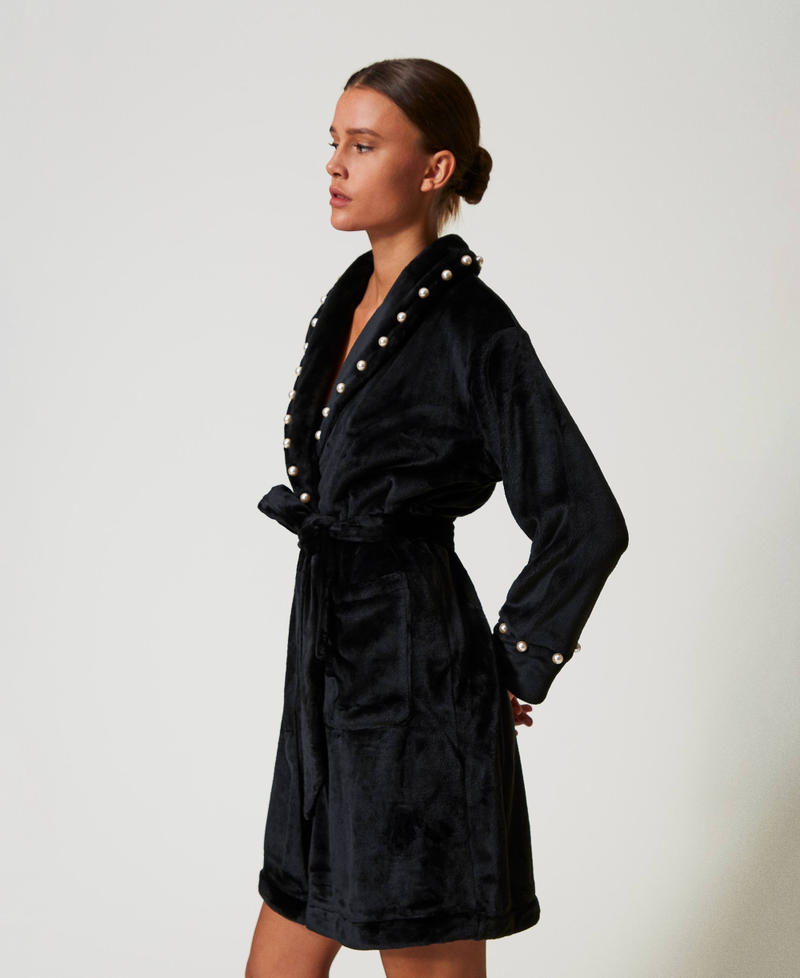 Faux fur dressing gown with pearls Black Woman 242LL2FAA_00006_02