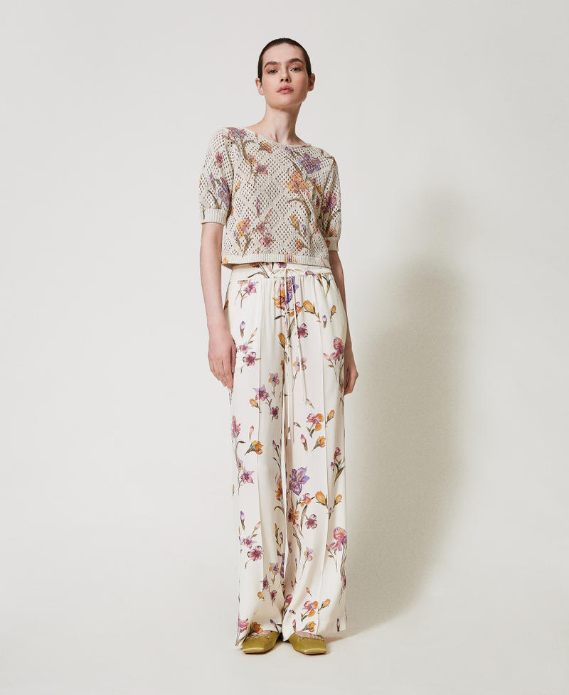 Crêpe de Chine floral trousers with elasticated waist