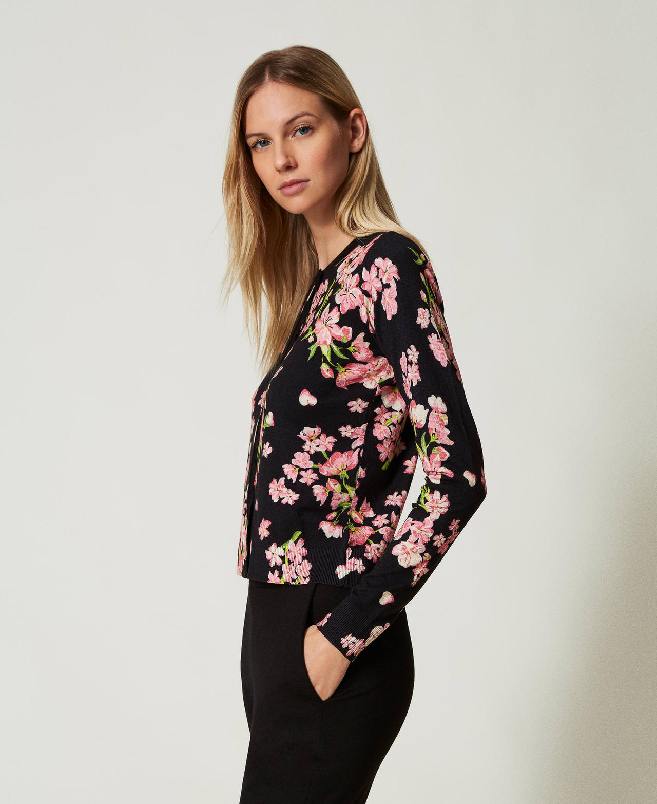 Knit cardigan with print and lace Multicolour Blooming Woman 242LL3TAA_11998_02