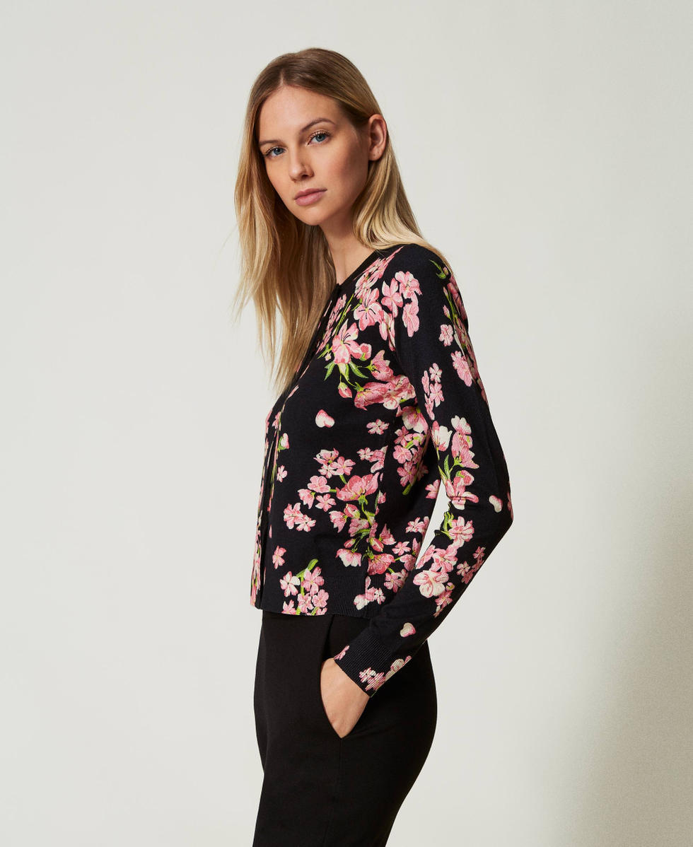 Cardigan en maille avec imprim&eacute; et dentelle Multicolore Blooming Femme 242LL3TAA_11998_02