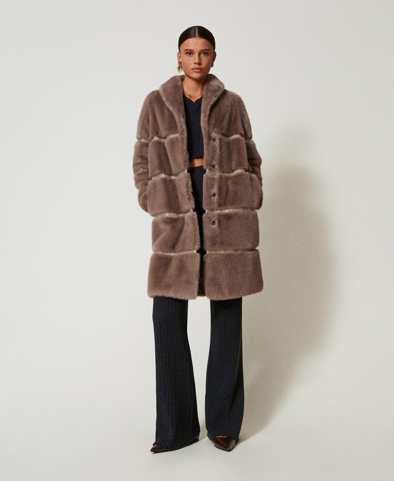 Faux fur coat with inlays Dark Taupe Woman 242TT2020_12003_01
