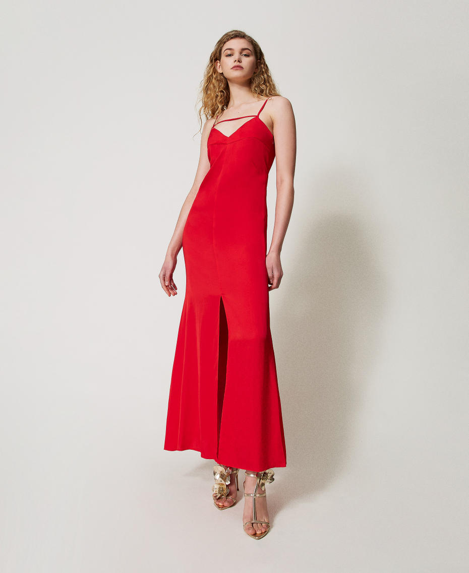 Robe longue en cr&ecirc;pe de satin Hibiscus Red Femme 251TT2190_12365_01