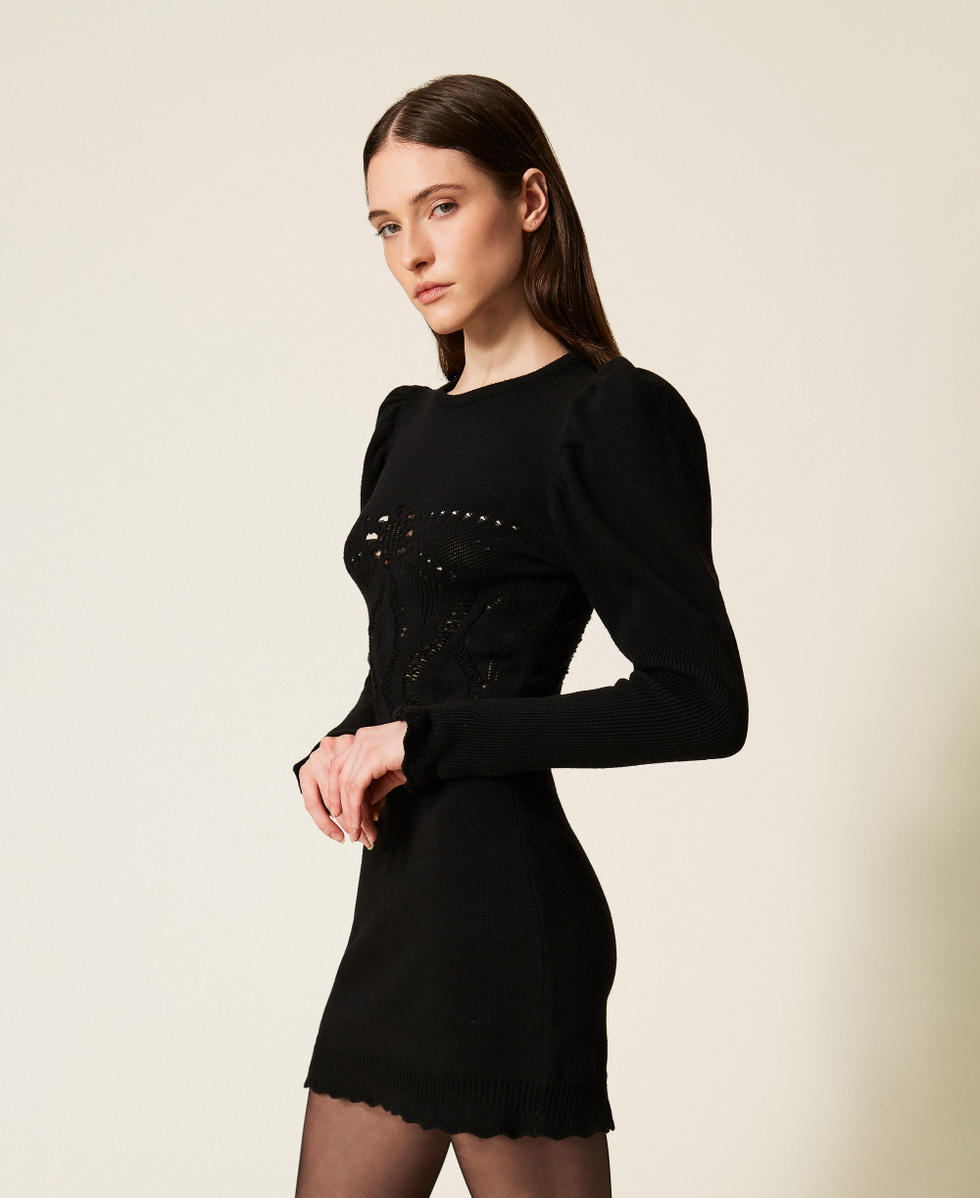 Abito corto in maglia con crochet Nero Donna 252TS3382_00006_02