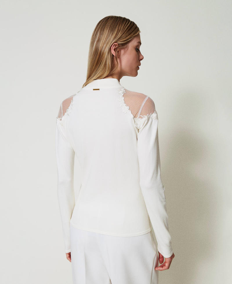 Turtleneck jumper with tulle and embroidery Antique White Woman 242LL3DAA_00245_03