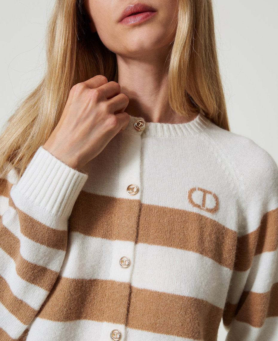Two-tone striped cardigan Two-tone Snow White / Sandy Brown Woman 242TP3371_11918_04