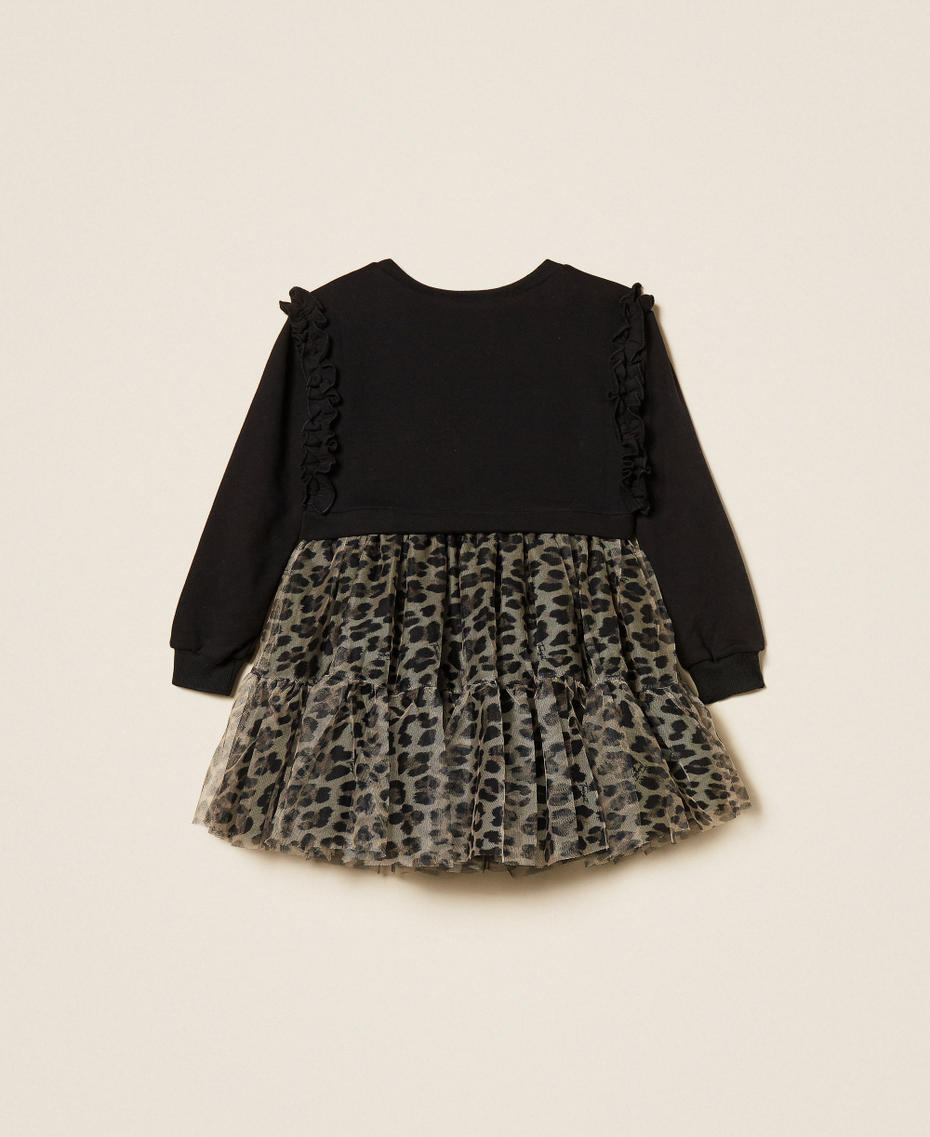 Girls' short plush fabric dress with animal print tulle Two tone Black/Leopard Print Girl 252GB2130_12723_S1