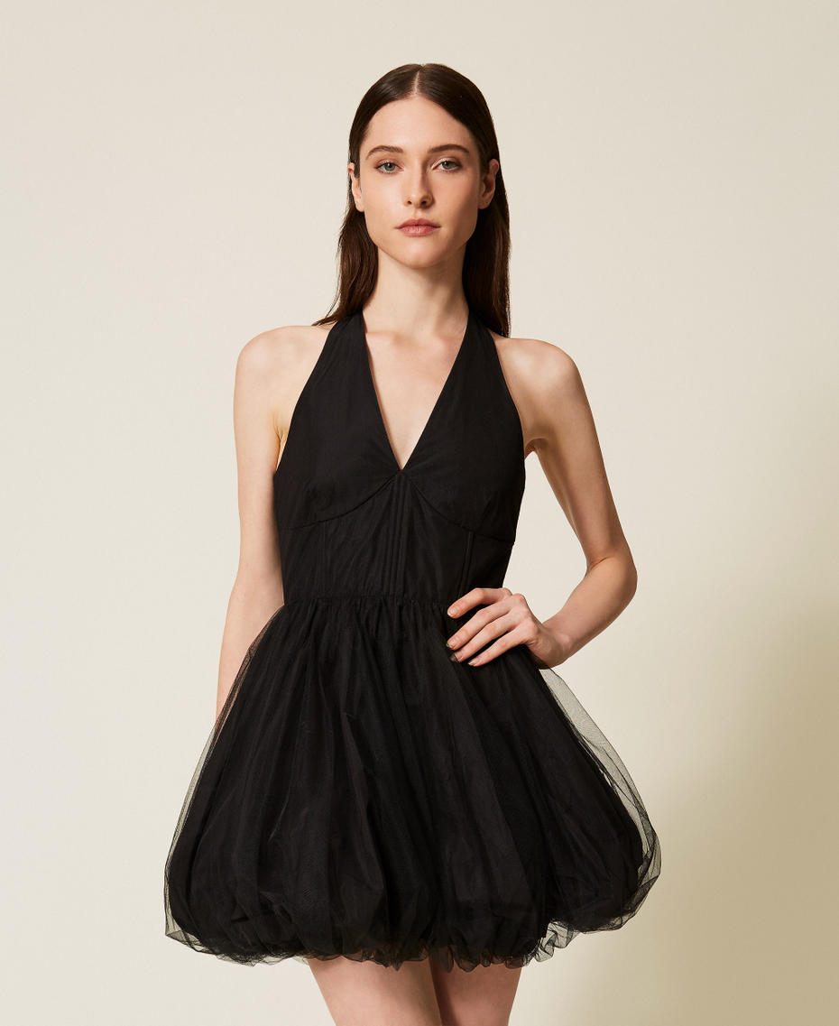 Abito corto in taffetà e tulle Nero Donna 252TT2283_00006_01