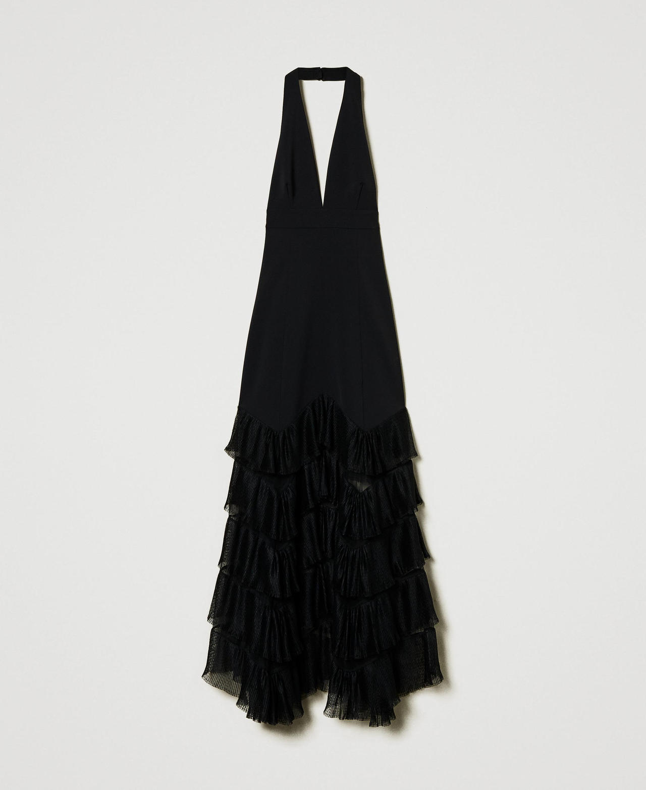 Scee by twin set Abito lungo halter con balze plissé in tulle