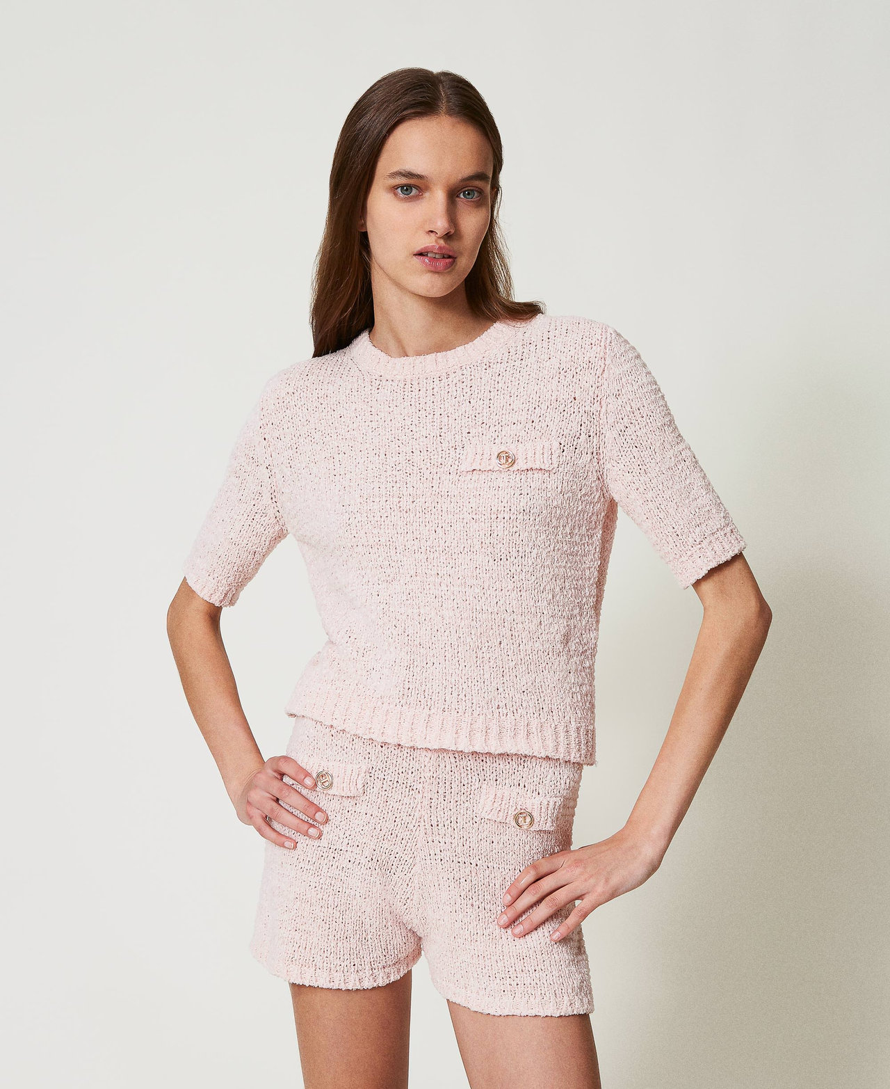 Cropped jumper with Oval T button Cupcake Pink Woman 251TP3440_00178_02
