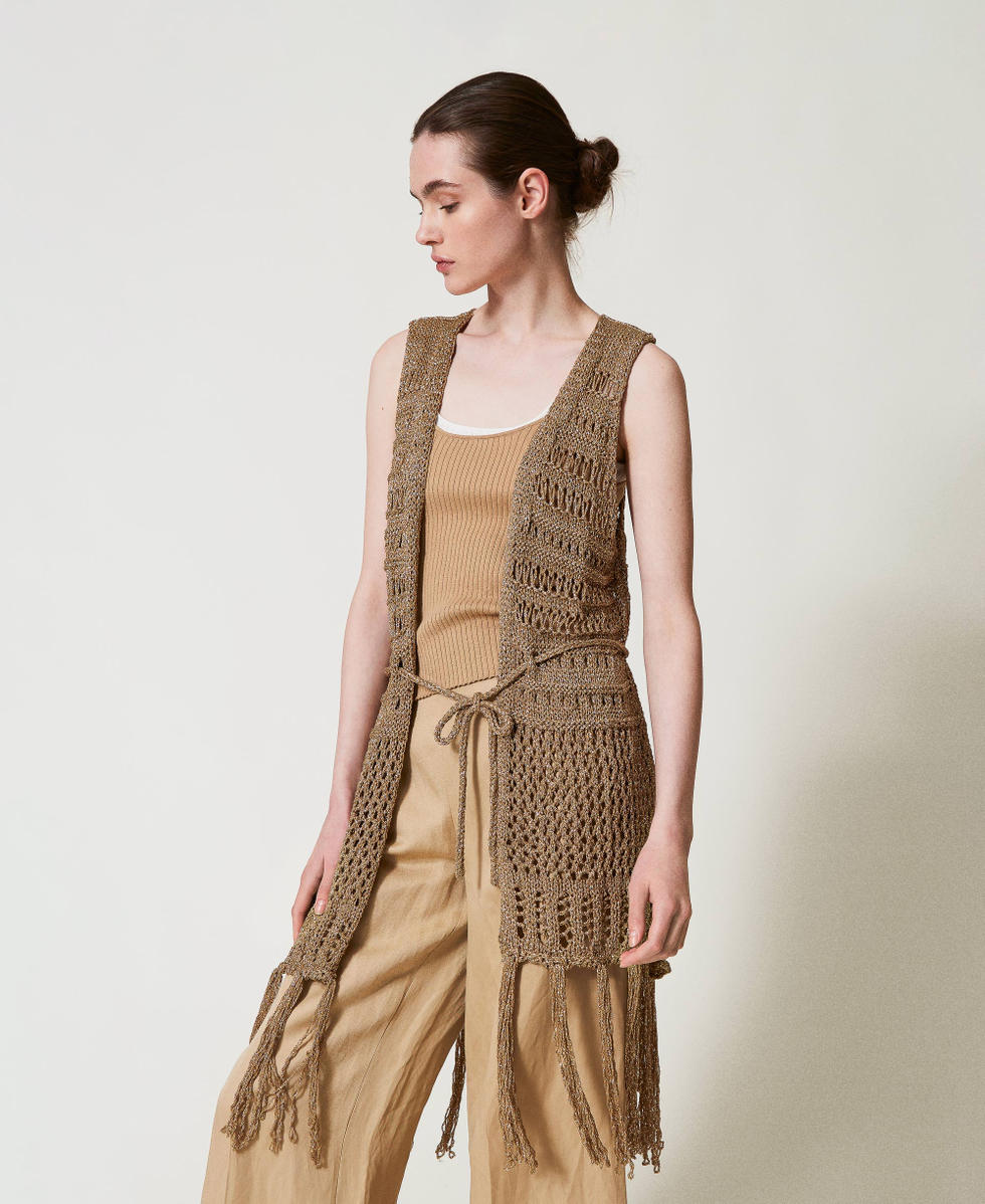 Openwork knit sleeveless cardigan with lurex Rope Beige Woman 251TA4360_12145_02
