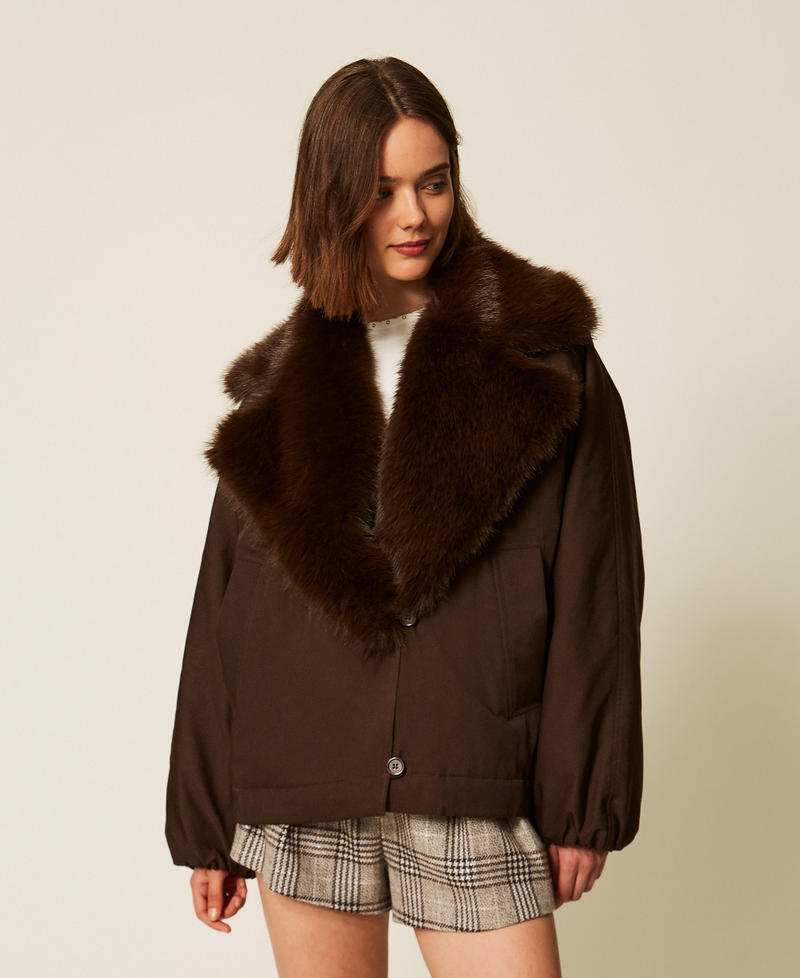 Gabardine jacket with faux fur collar Darkness Brown Woman 262TP2181_13411_04