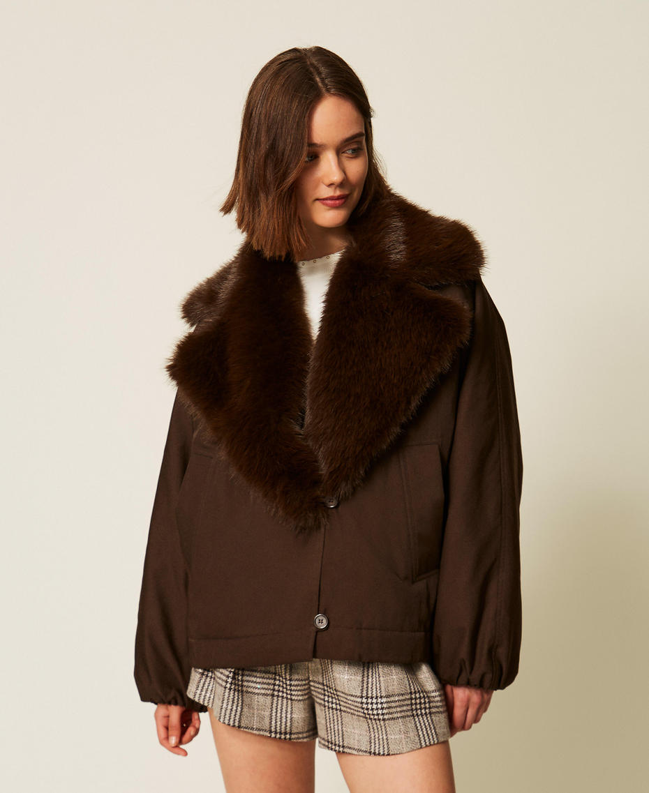 Gabardine jacket with faux fur collar Darkness Brown Woman 262TP2181_13411_04