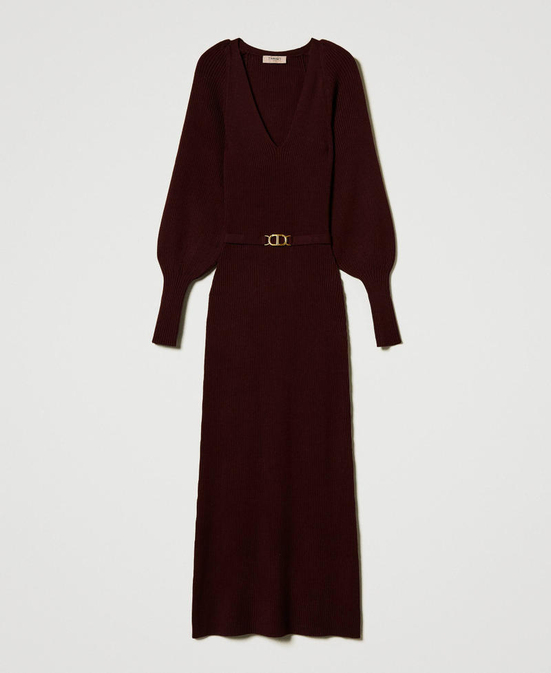 Long ribbed knit dress with belt Plum Wine Red Woman 242TT3060_11944_S0