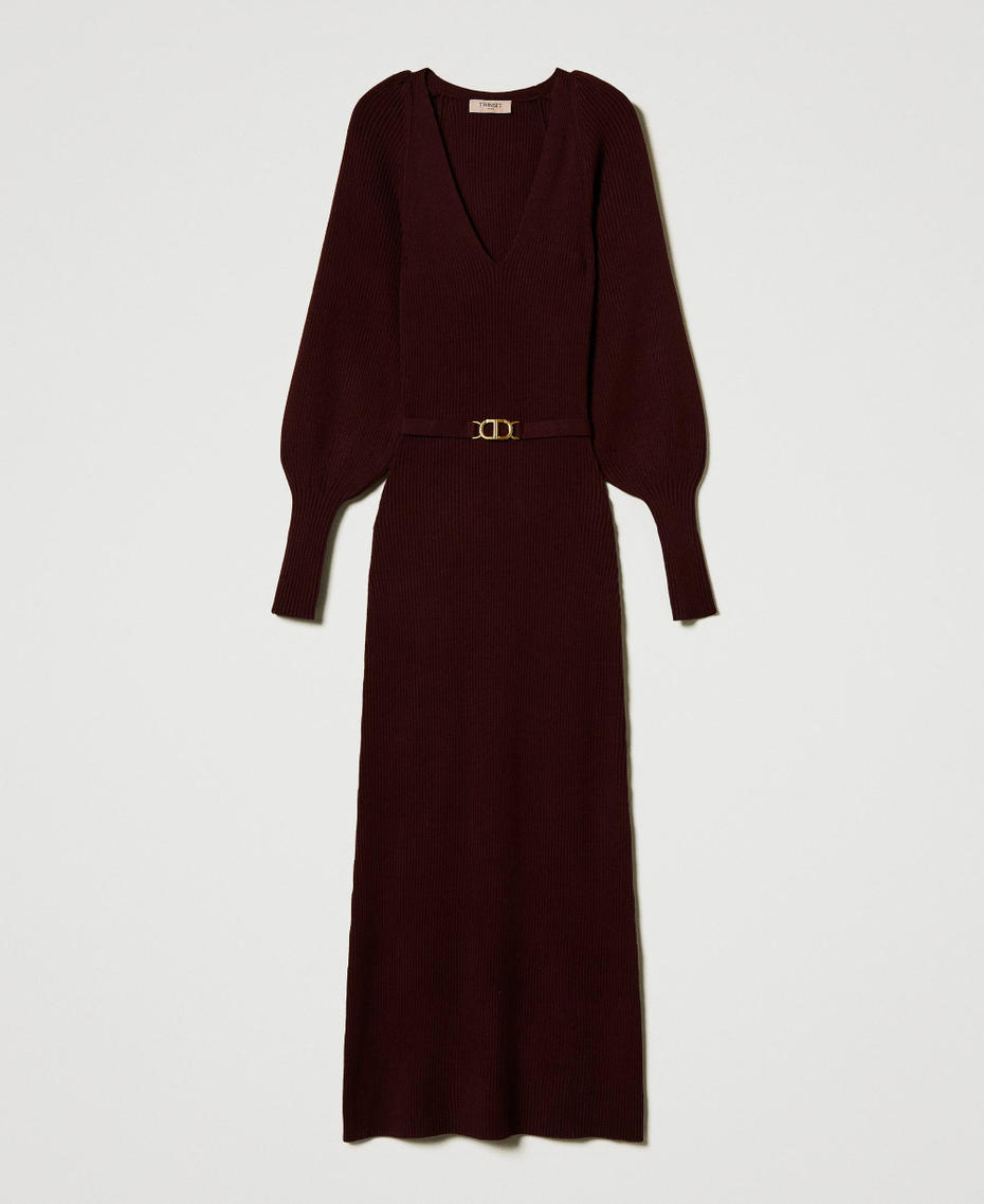 Long ribbed knit dress with belt Plum Wine Red Woman 242TT3060_11944_S0