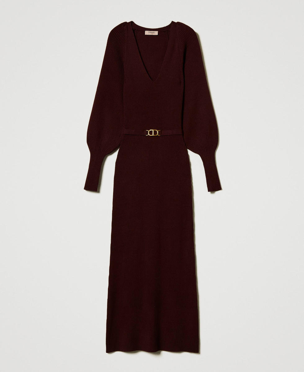 Long ribbed knit dress with belt Woman Red TWINSET Milano