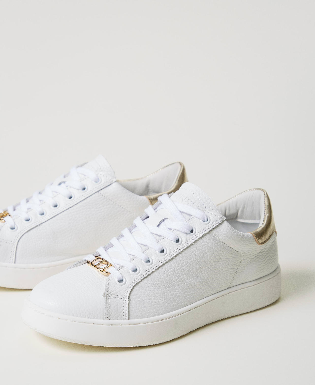 Leather trainers with laminated detail Two-tone Optical White / Gold Woman 251TCP048_07049_02