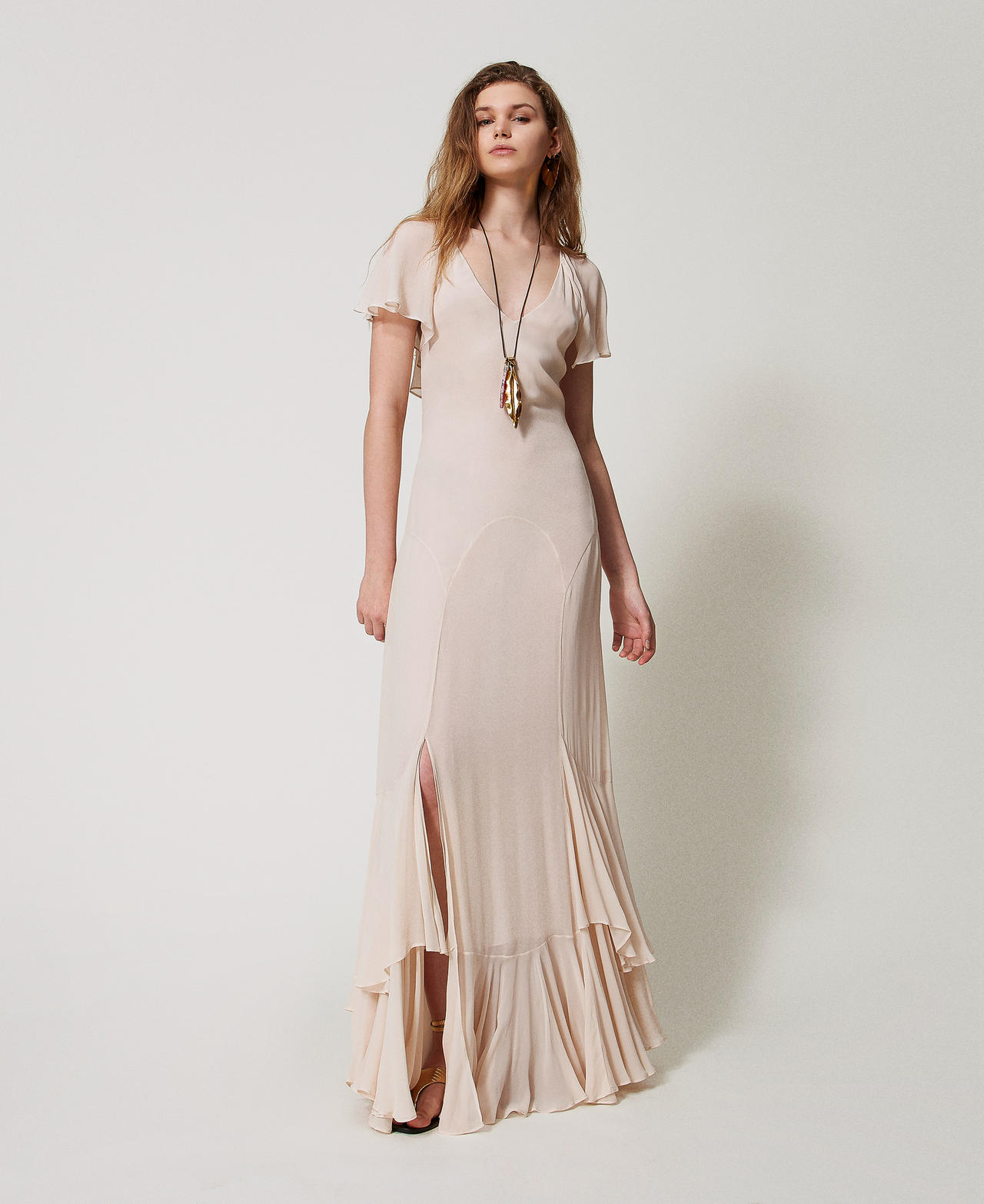 Long georgette dress with ruffles