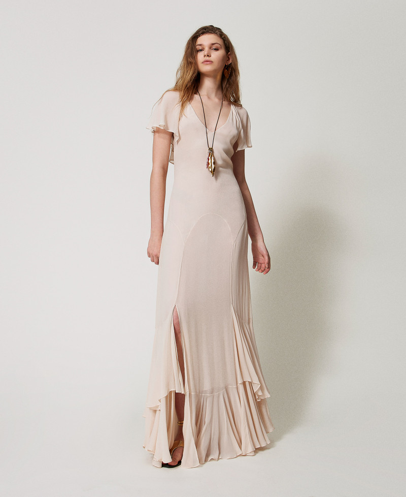 Abito lungo in georgette con volant Donna, Rosa | TWINSET Milano