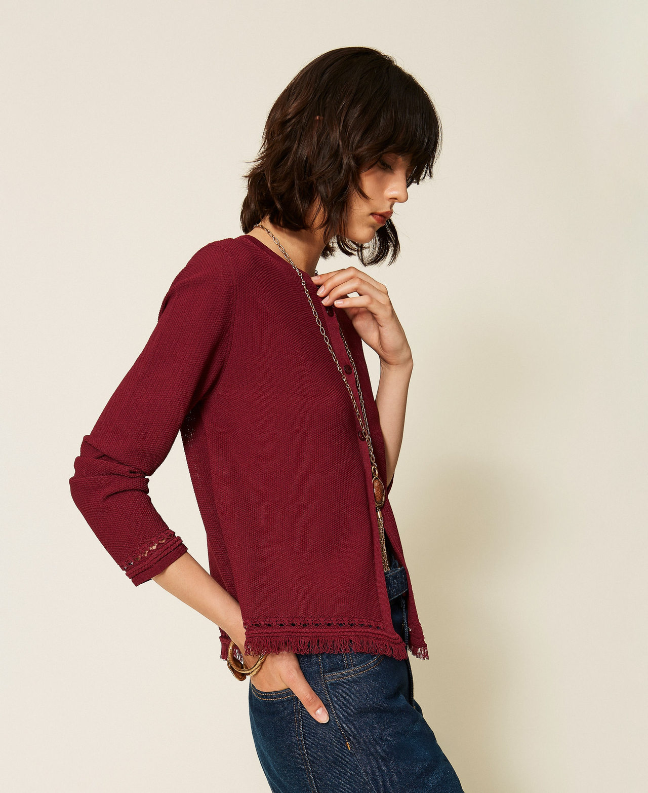 Cardigan in maglia con frange Bordeaux Donna 262TP3Q23_00020_02
