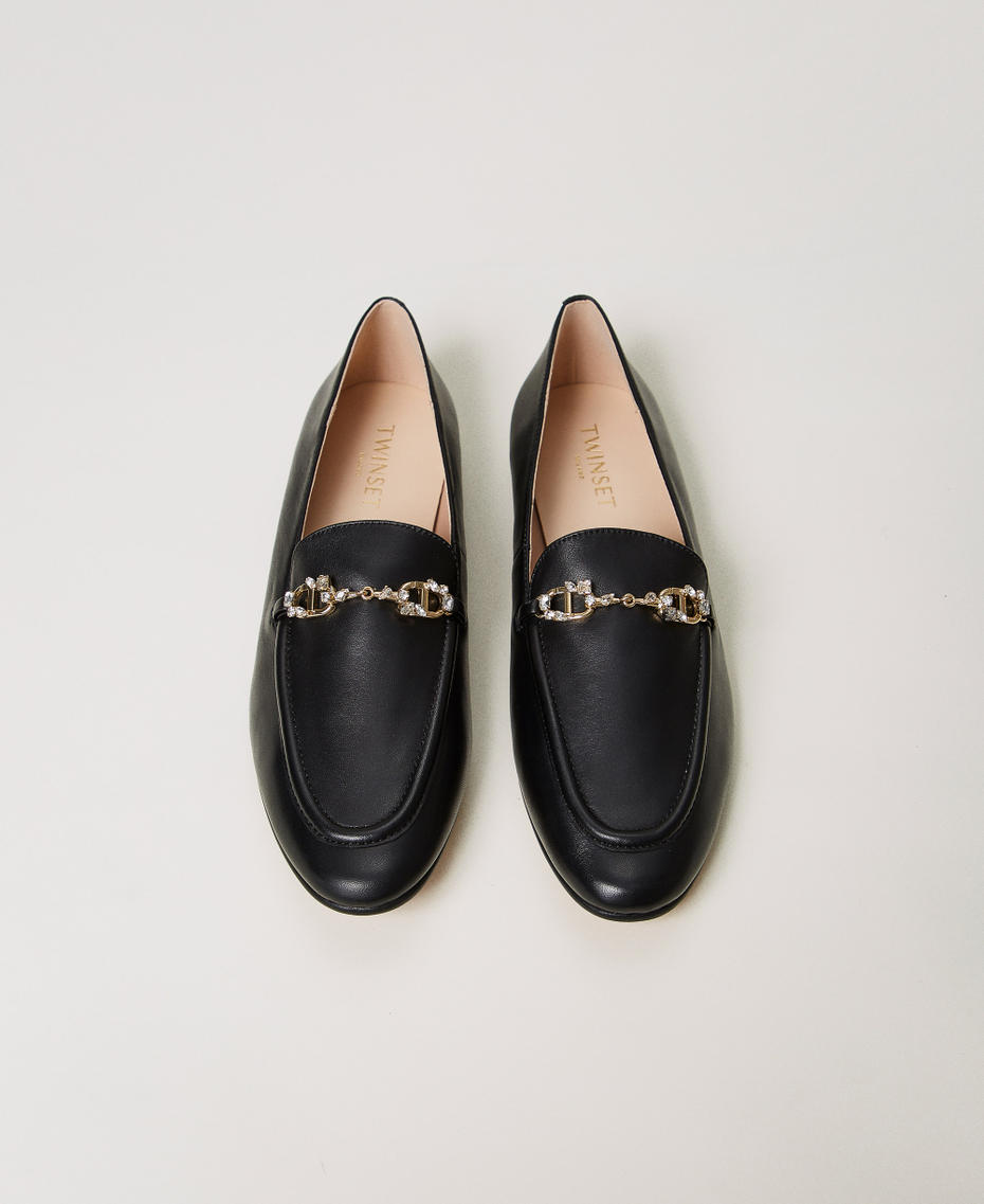 Leather loafers with rhinestone Oval T Black Woman 251TCP134_00006_04