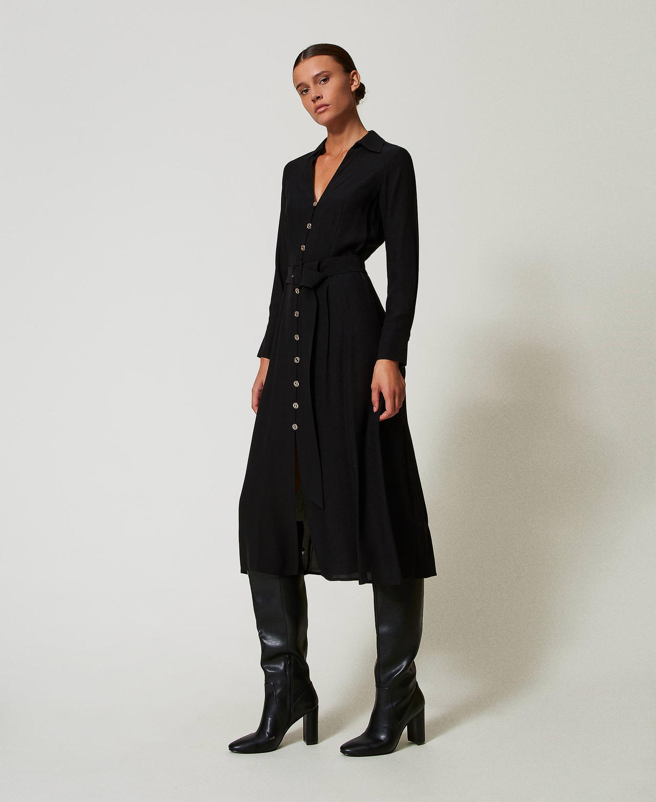 Long crêpe georgette shirt dress Black Woman 242TT2320_00006_02