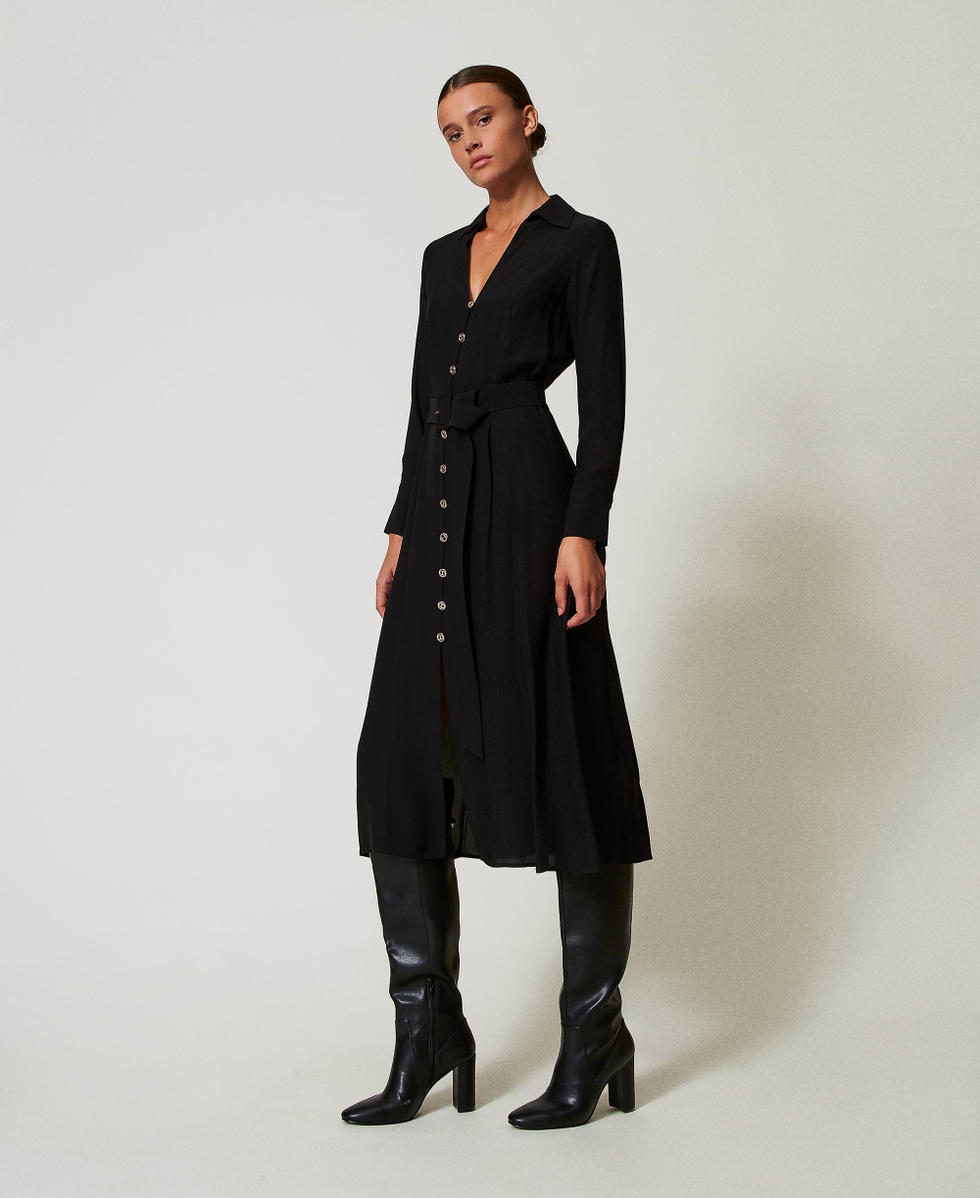 Long cr&ecirc;pe georgette shirt dress Black Woman 242TT2320_00006_02