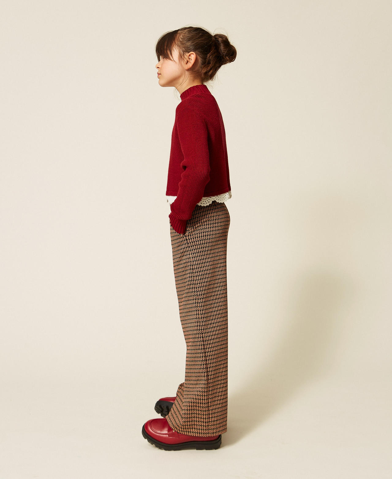Houndstooth palazzo trousers "Iced Coffee" Brown/Red Ruby Houndstooth Girl 262GJ2092_13819_02