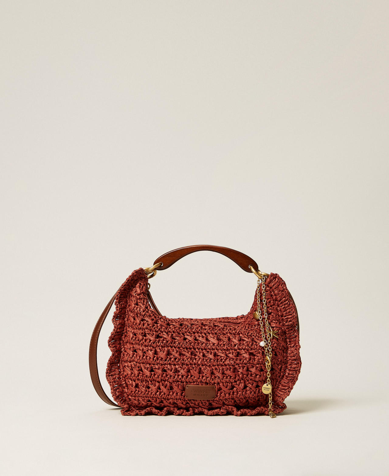 Twinset Women's Henna Brown Crochet Raffia Croissant Bag