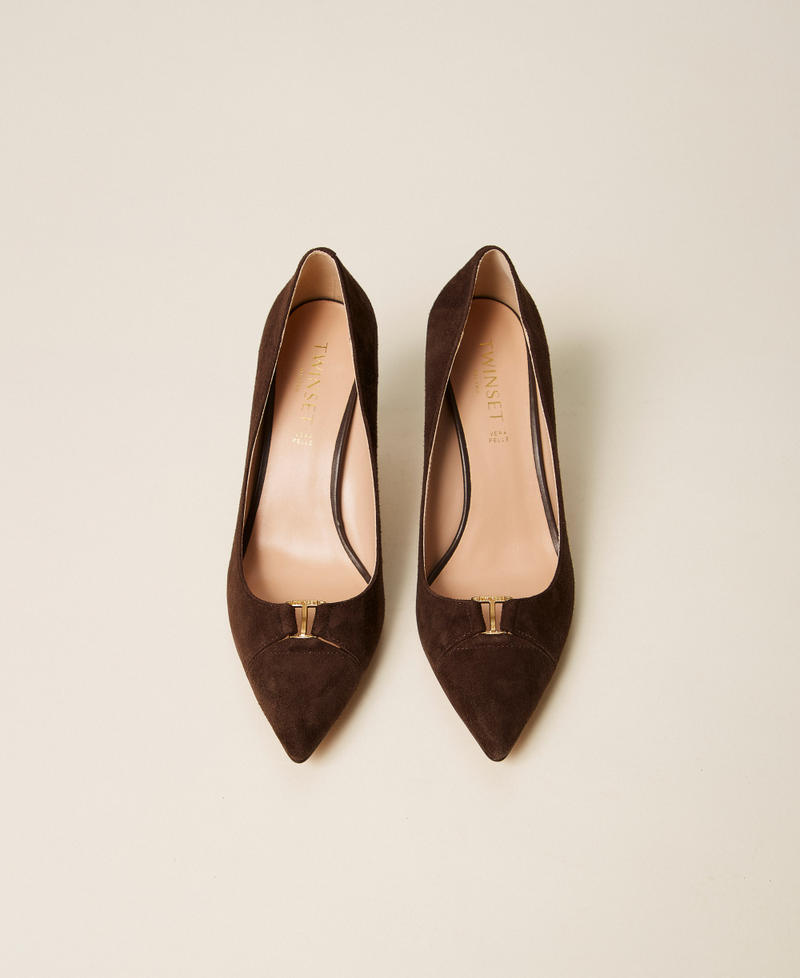 Hohe Pumps aus Veloursleder mit Logo Darkness Brown Frau 262TCP018_13411_04