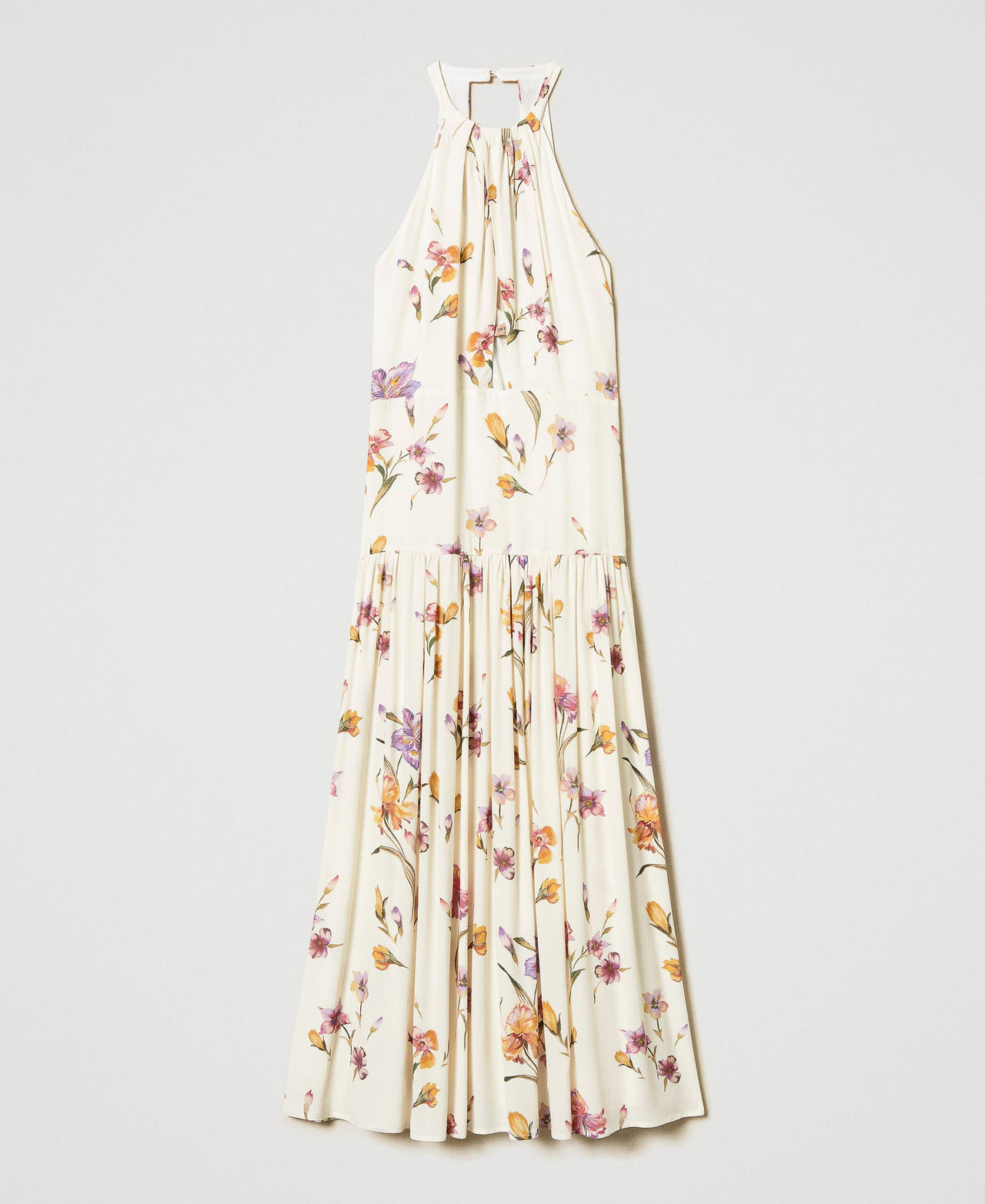 Robe longue encolure américaine en crêpe de Chine floral Imprimé Iris Multicolore/Nacre Femme 251TP2771_12329_0S