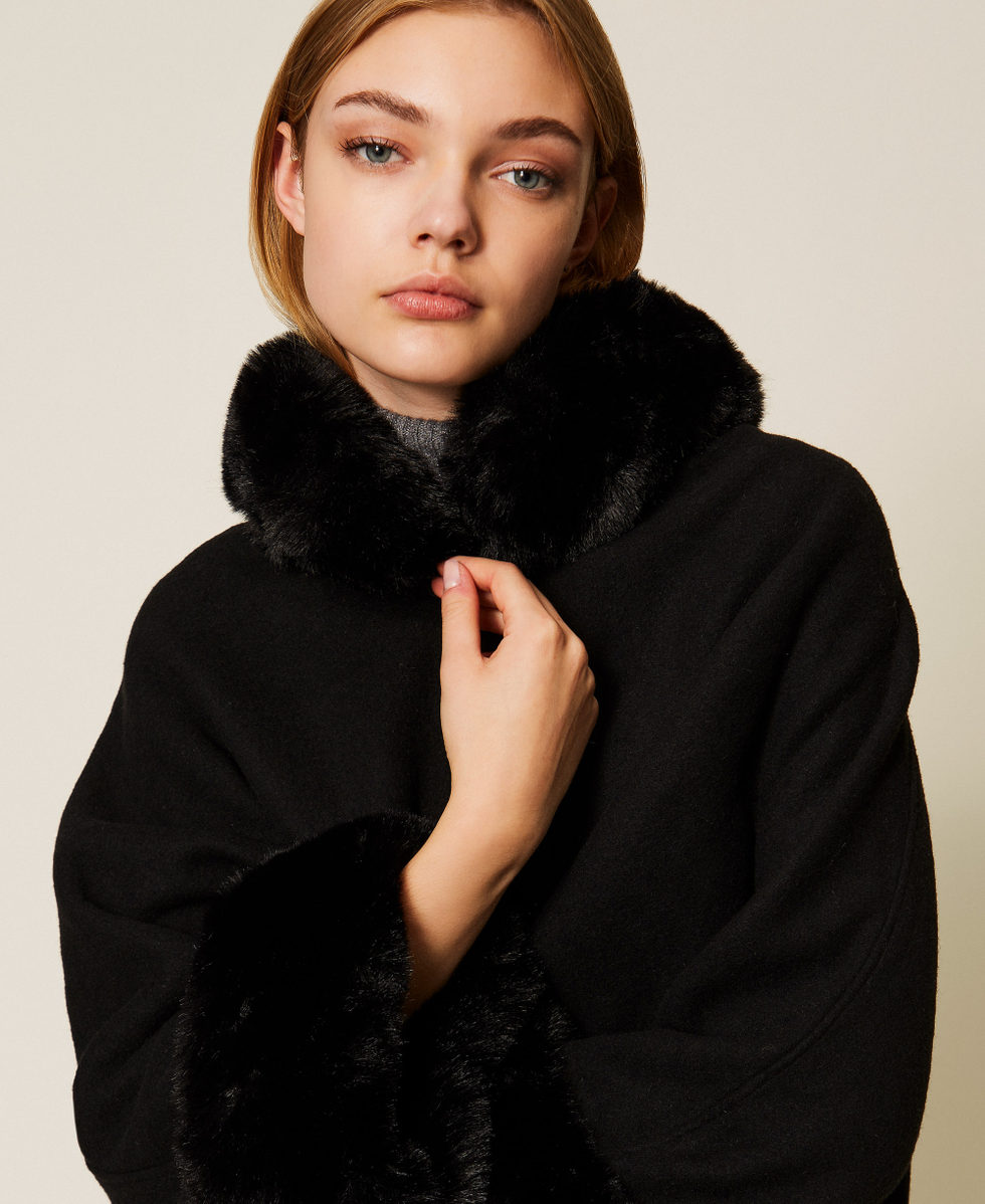 Wool cloth and faux fur poncho