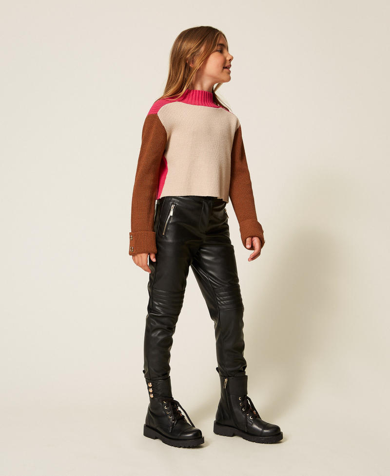 Colour block turtleneck jumper Multicolour Biscuit Beige/Camel/Candy Rose Girl 252GJ3060_12734_02