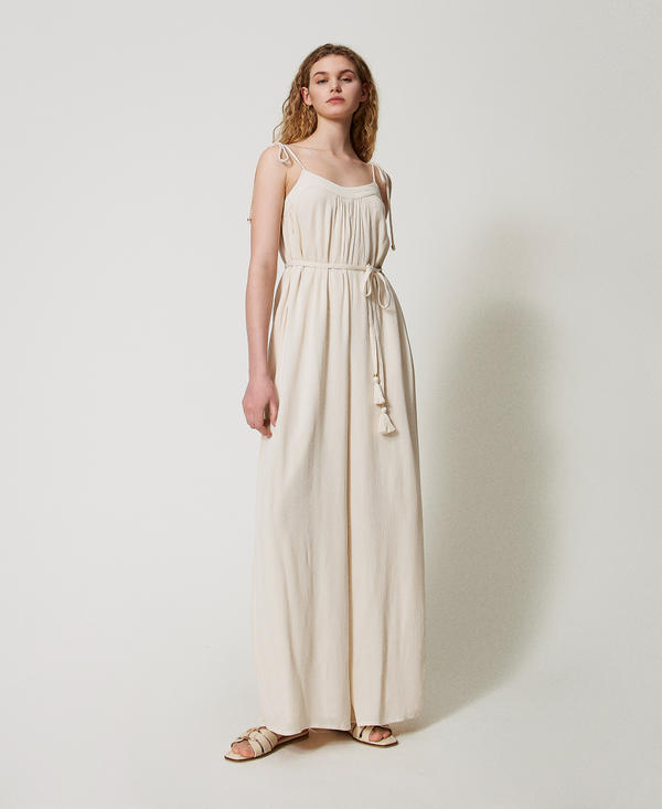Full-length crepon jumpsuit with belt