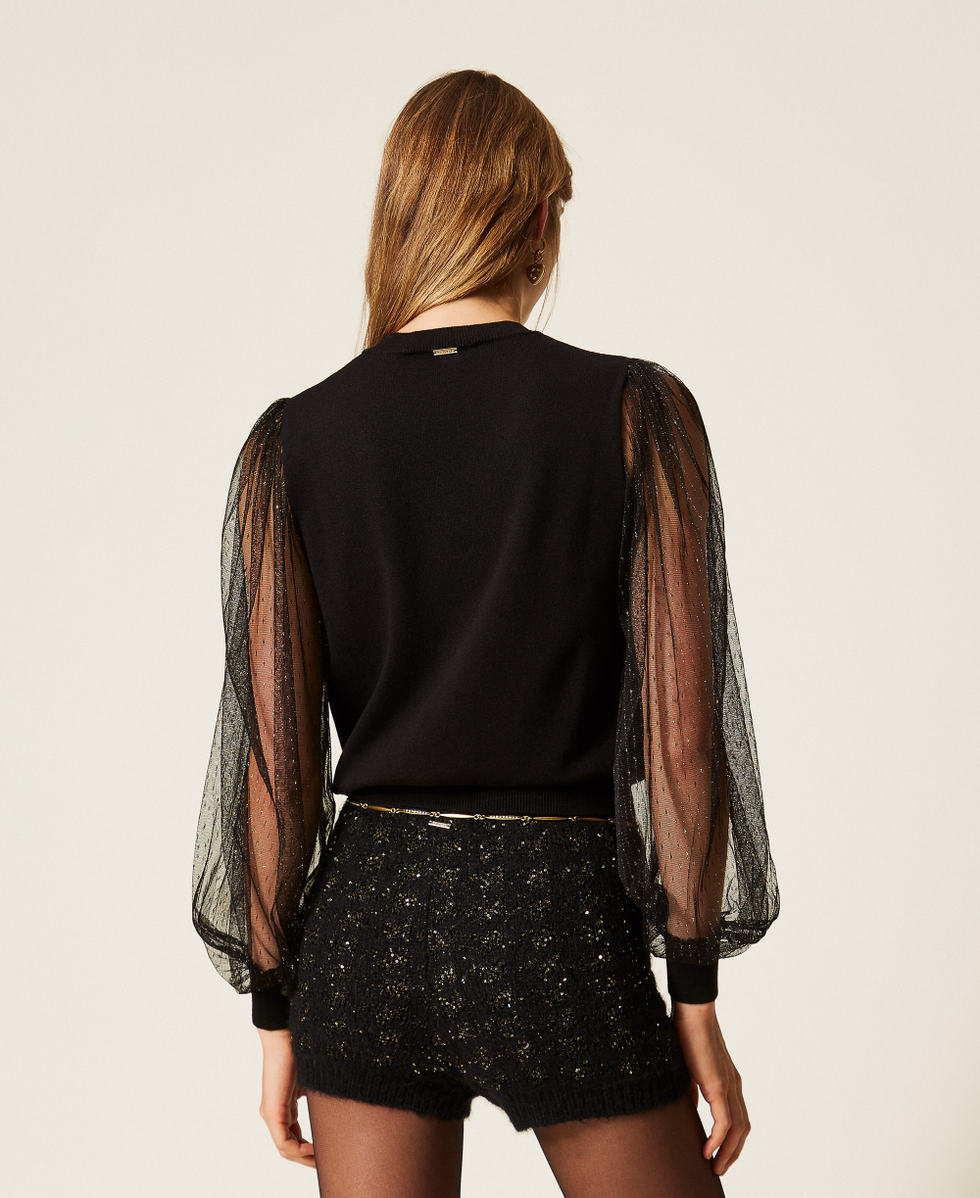 Jumper with plumetis tulle sleeves Black Woman 262TT3420_00006_03