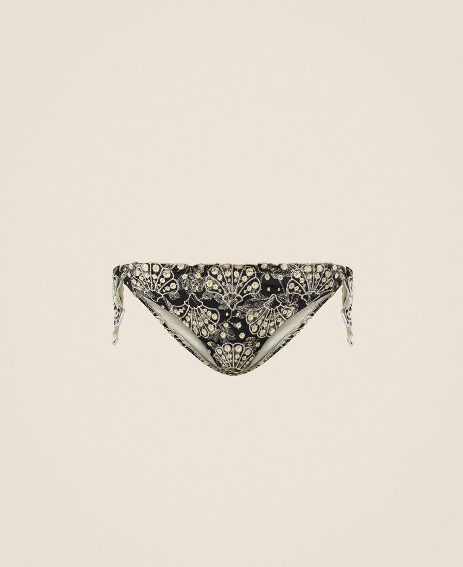 Bikini thong with embroidery Black/Vanilla White Toile De Jouy Print Woman 261LMMD88_13466_S0