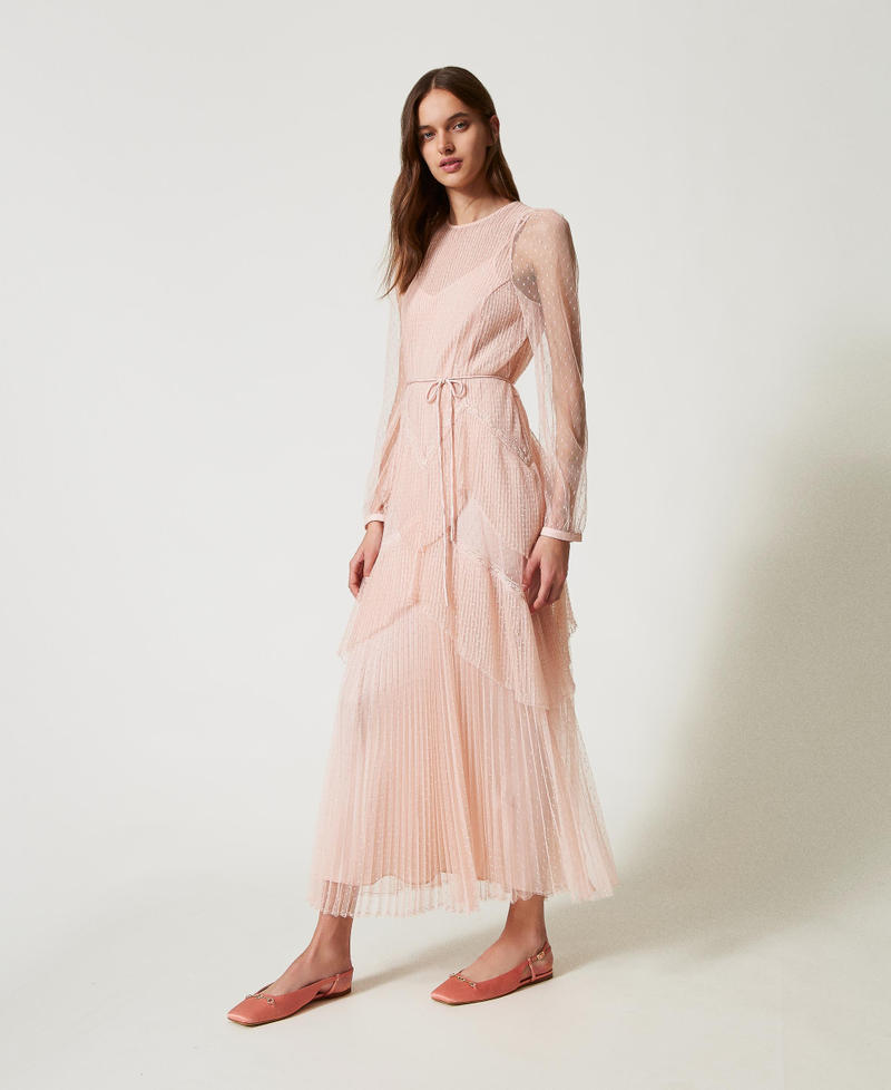 Long tulle dress with pleated flounces