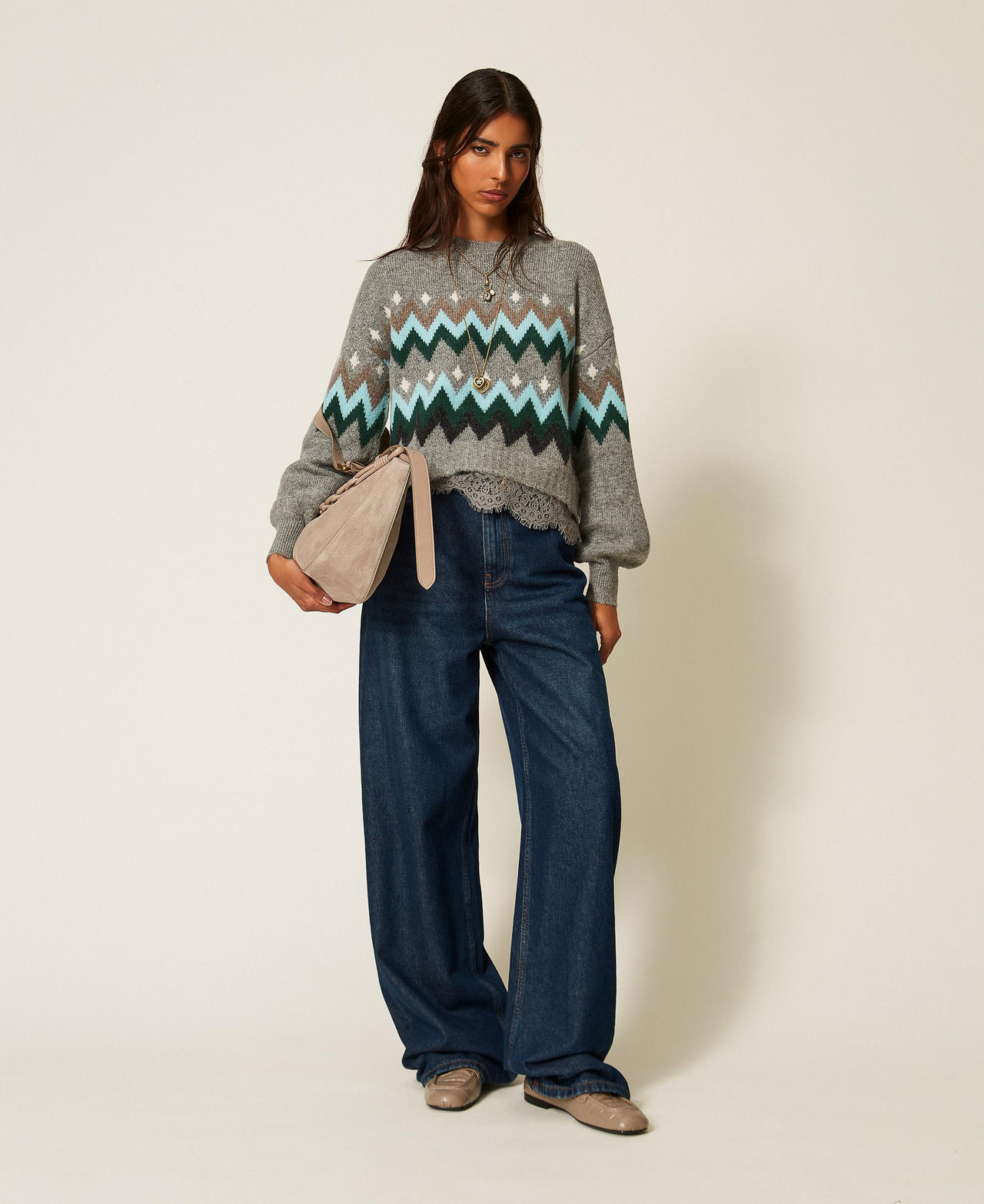 Pullover aus Jacquard mit Spitze Jacquard Meliertes Mittelgrau / Smaragd Frau 262AT3034_14120_01