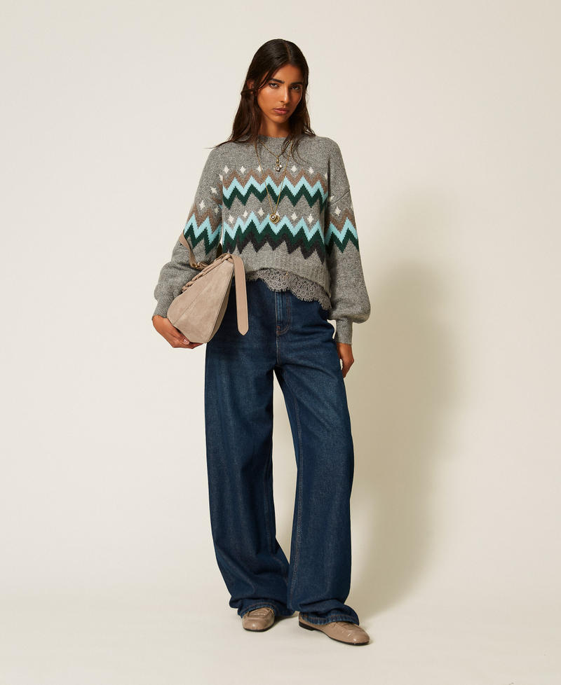 Pullover aus Jacquard mit Spitze Jacquard Meliertes Mittelgrau / Smaragd Frau 262AT3034_14120_01