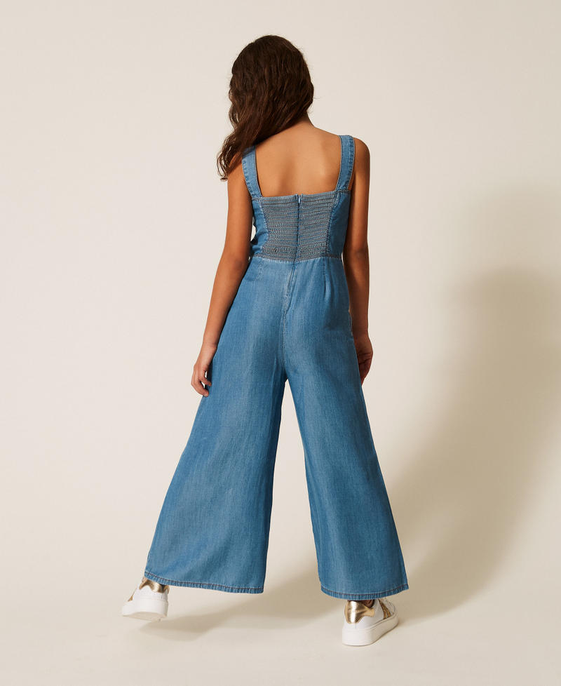 Long chambray jumpsuit with smocking Mid Blue Chambray Girl 261GJ2073_13235_03